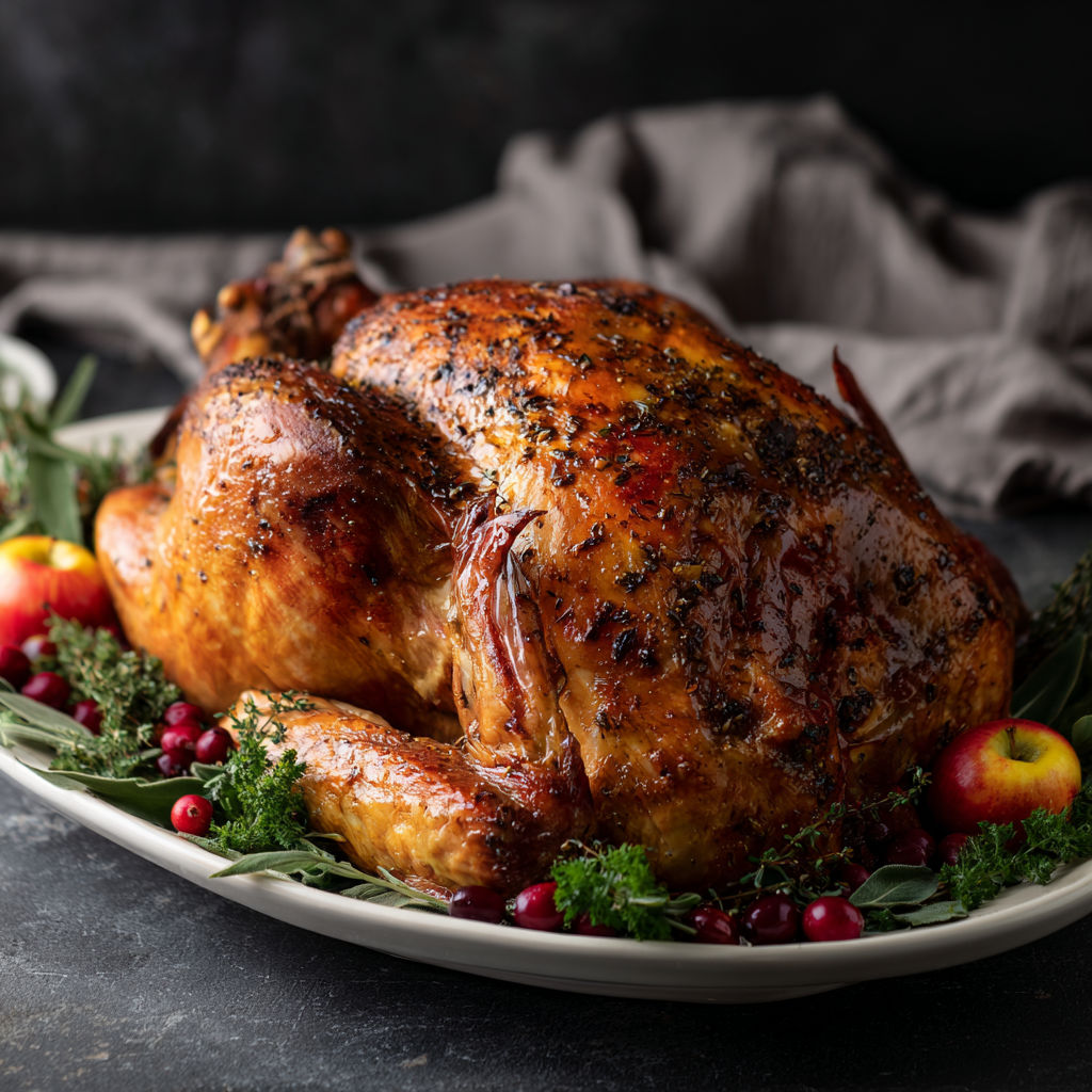 A whole cooked turkey with a dry brine.