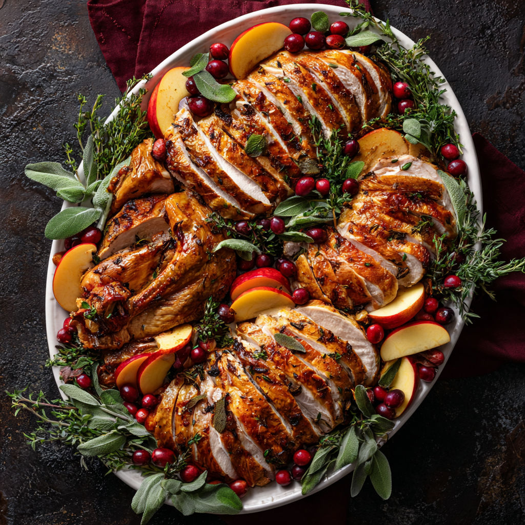 A plate of turkey with cranberry sauce and apples.