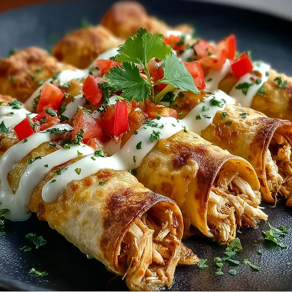 Baked cream cheese chicken taquitos with tomatoes and parsley.