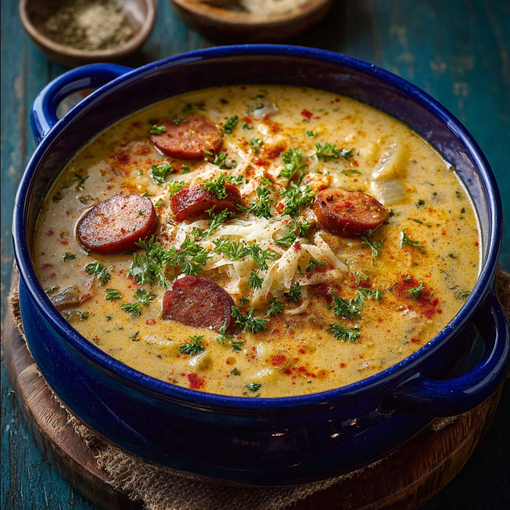 A bowl of soup with sausage and vegetables.