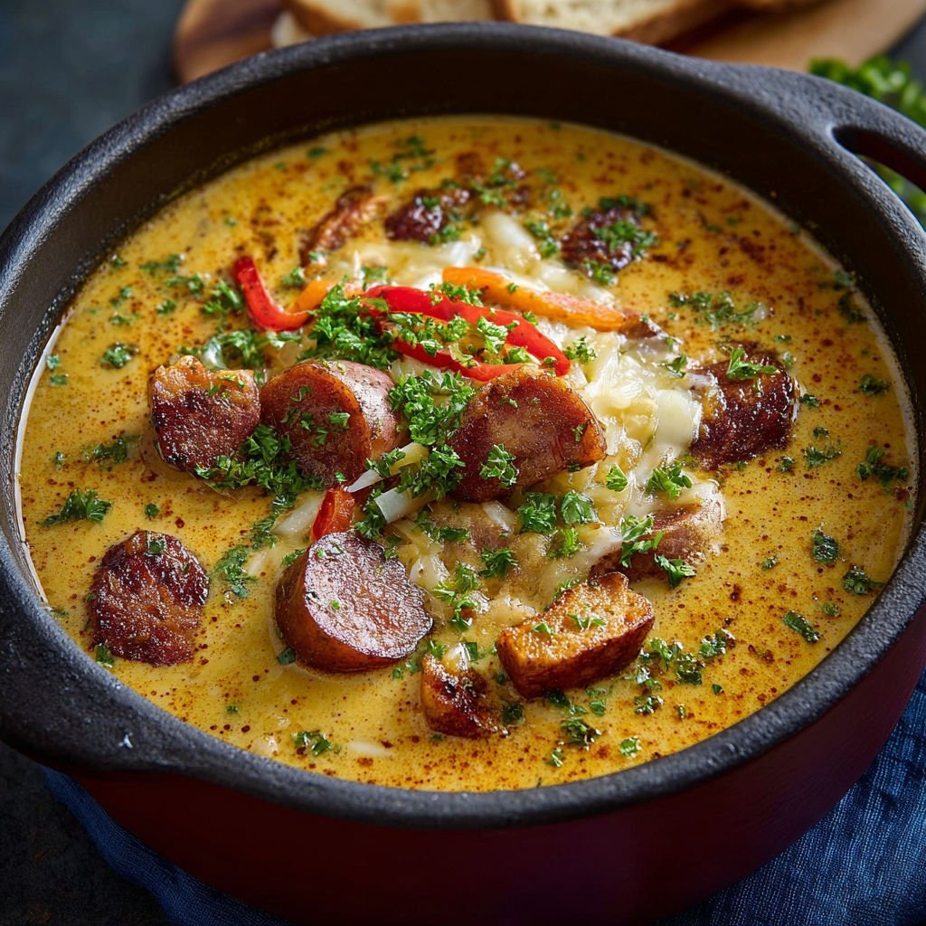 A bowl of soup with a spoon in it.