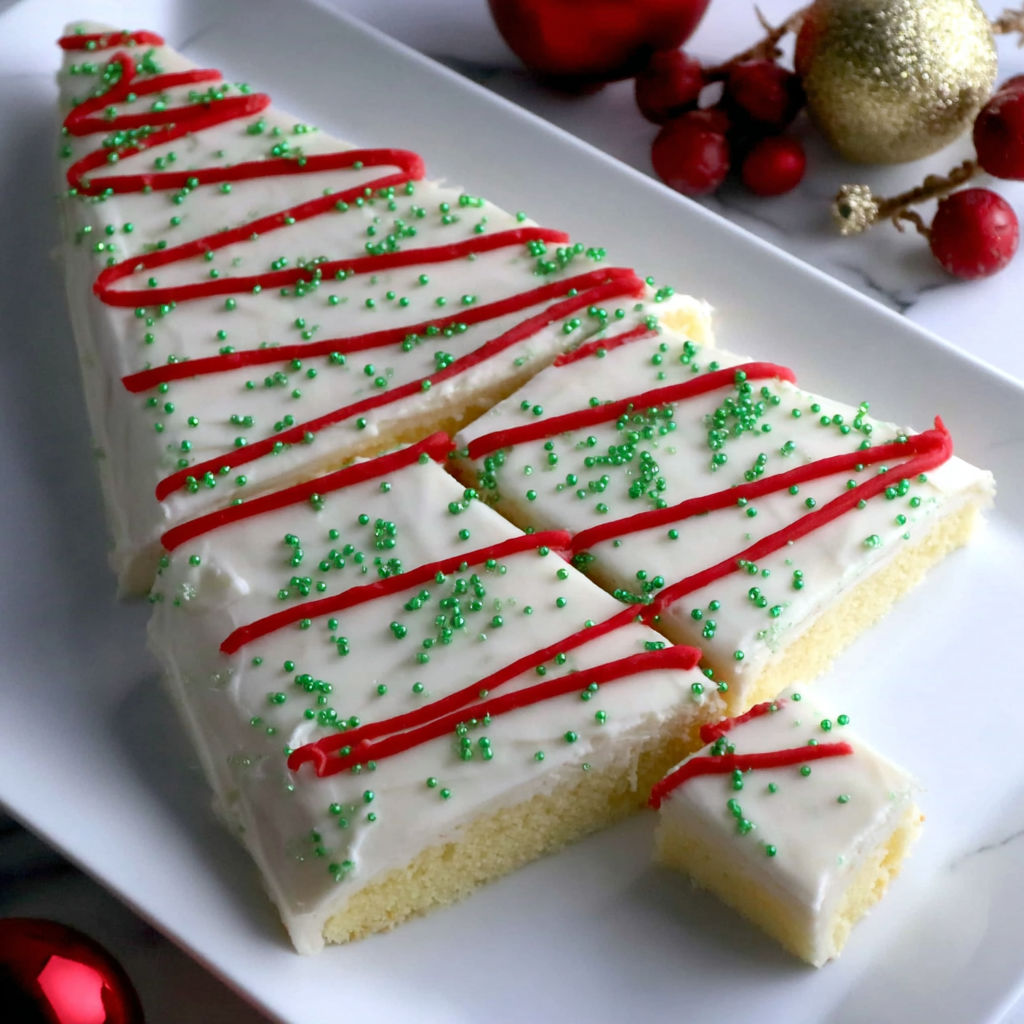 A slice of Little Debbie Christmas Tree Cake.