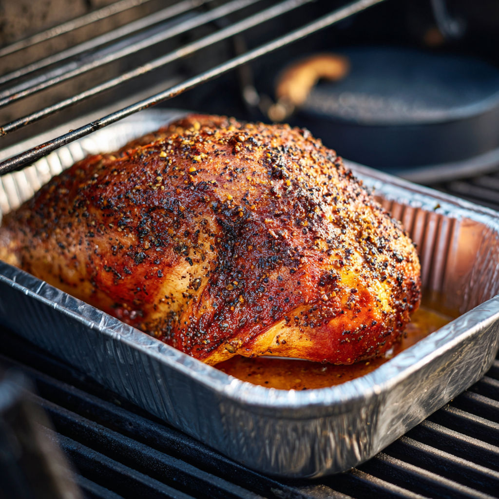 A smoked turkey breast in a tin.
