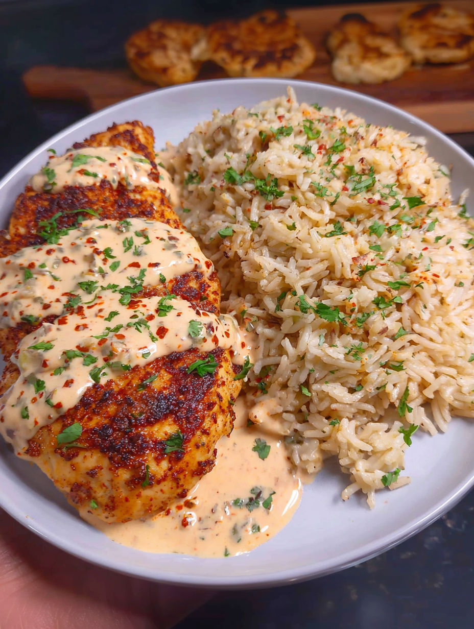 A plate of chicken and rice.