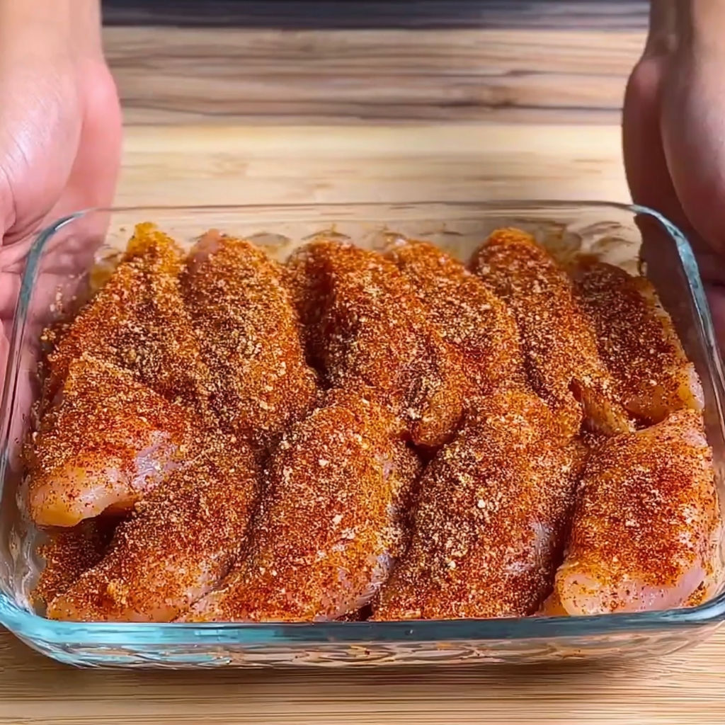 A glass bowl filled with cooked chicken.