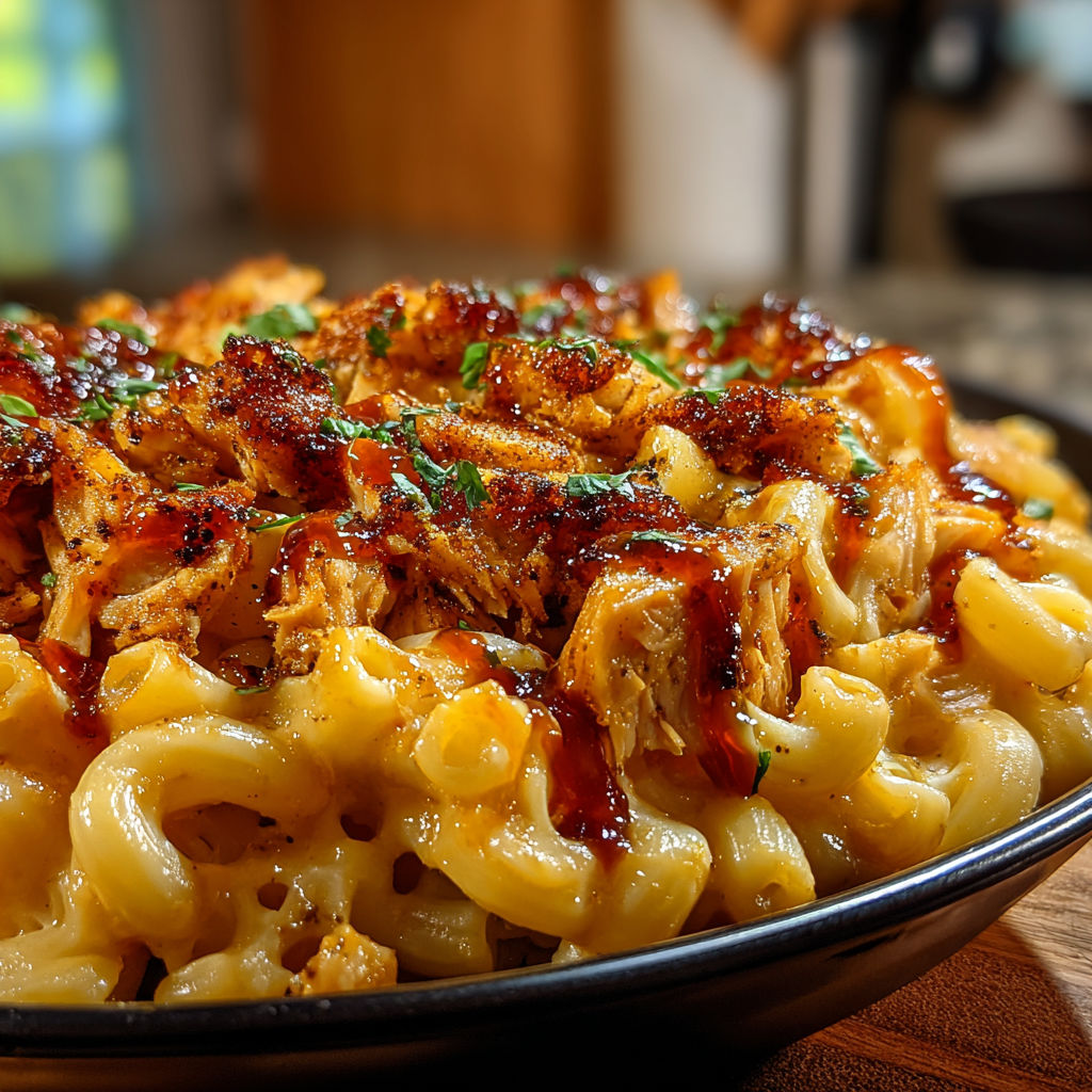 A plate of Honey BBQ Chicken Mac & Cheese.