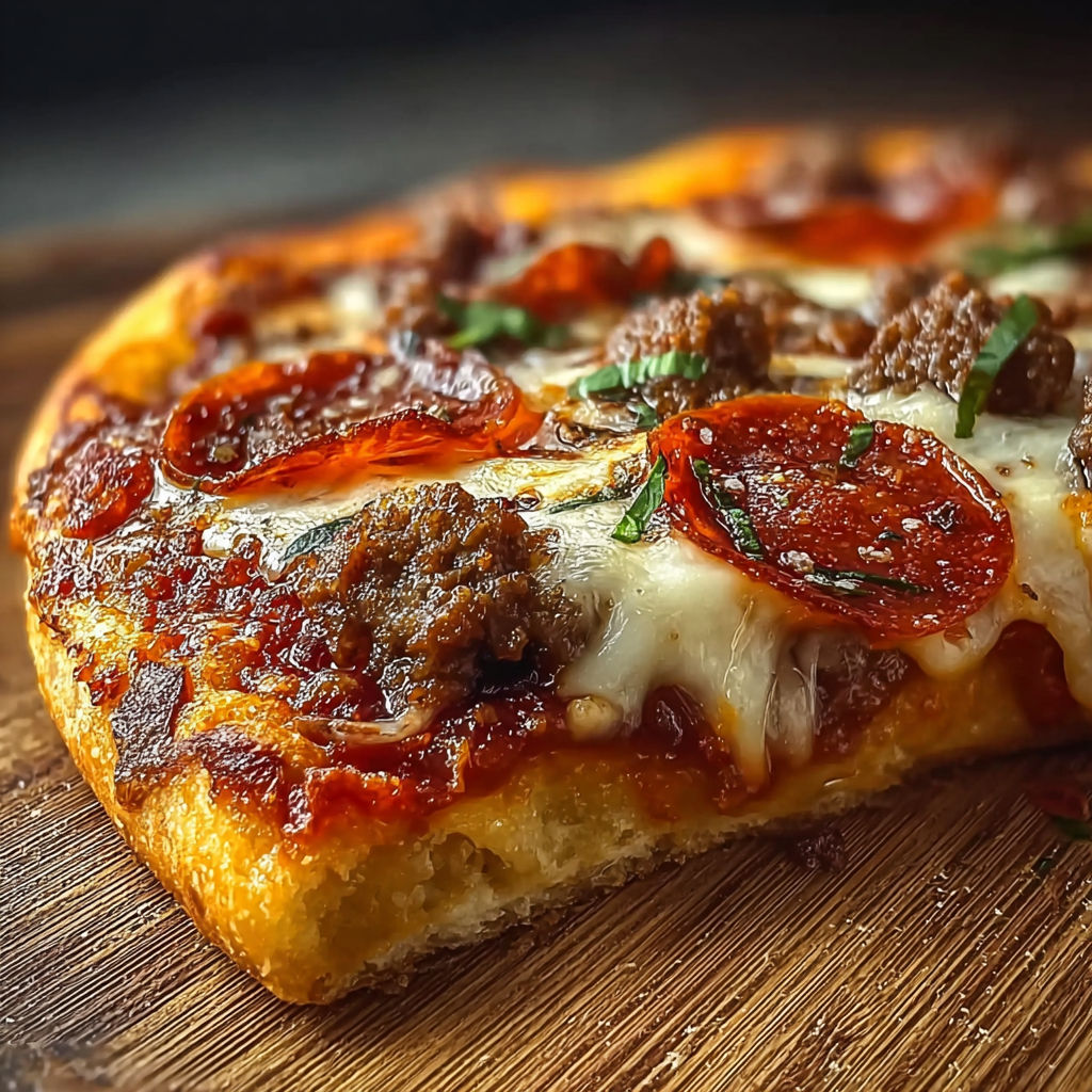 A slice of pizza with pepperoni and sausage.