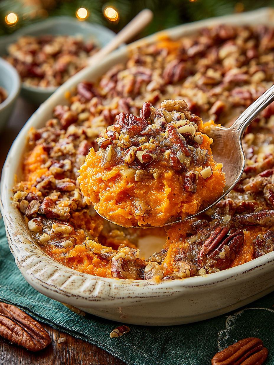 A spoon is in a bowl of sweet potato casserole with pecan topping.