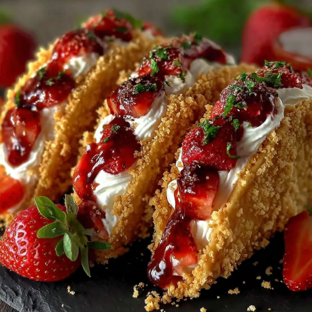 A close up of a strawberry crunch cheesecake taco.