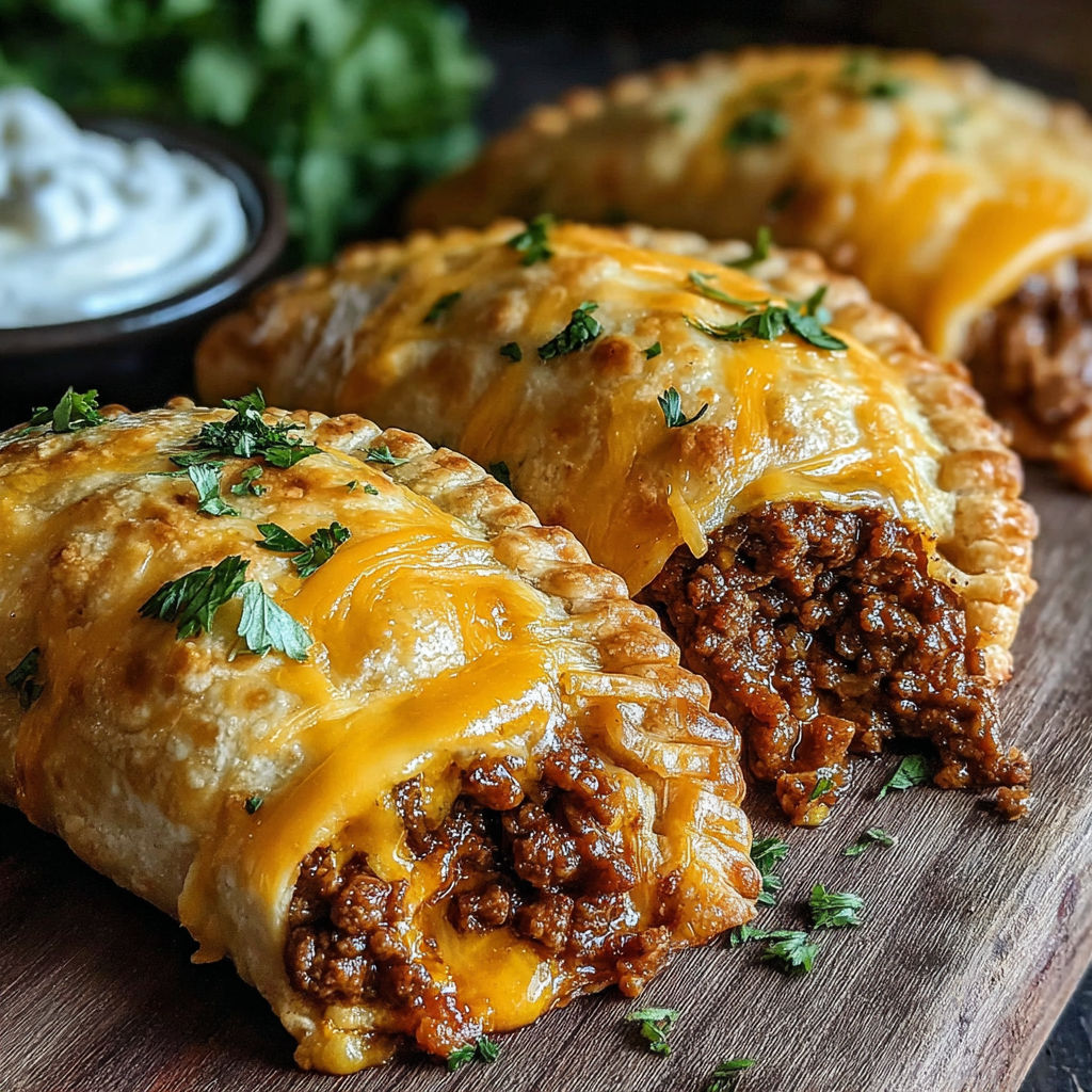 Two loaded taco stuffed cheesy pockets on a wooden table.