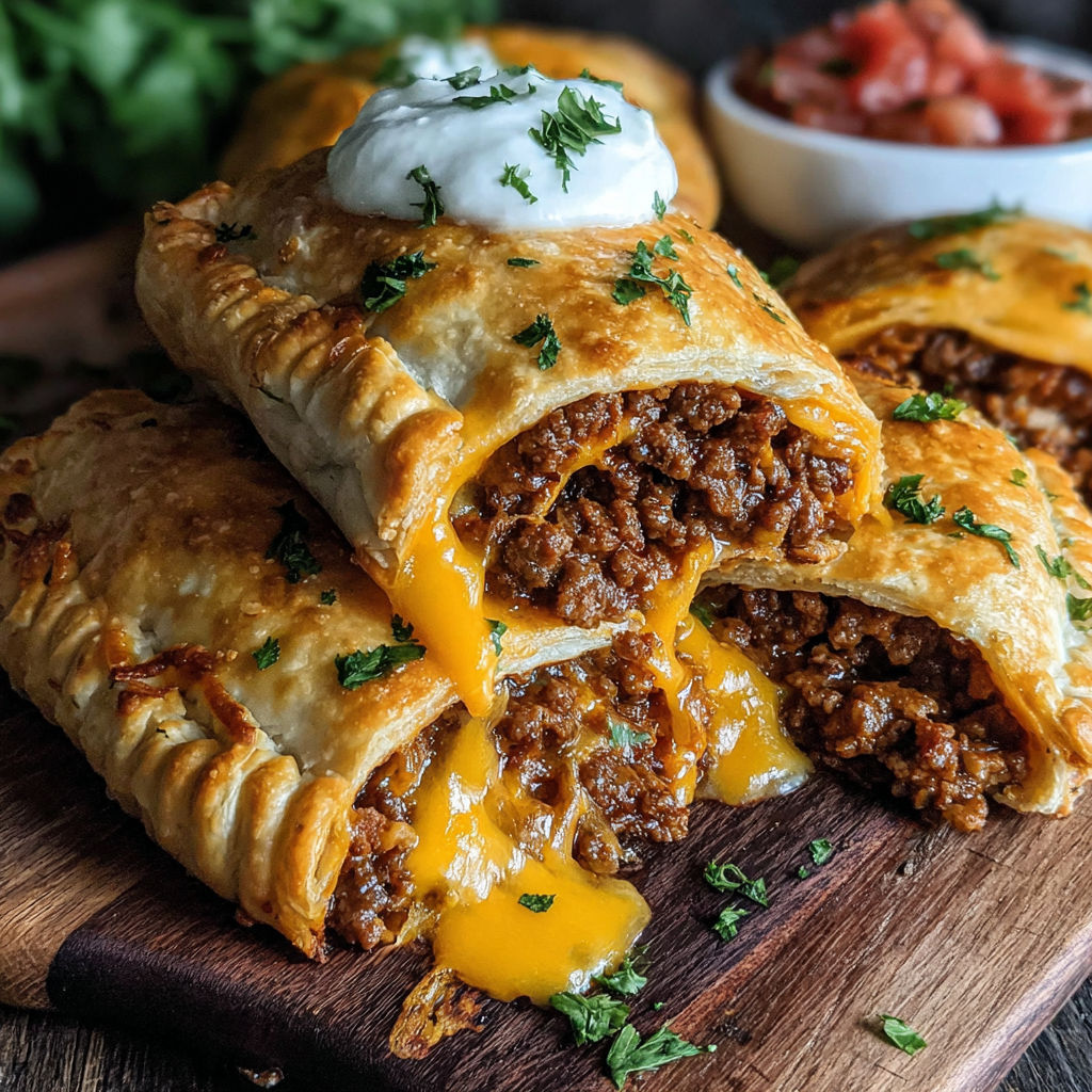 A loaded taco-stuffed cheesy pocket.