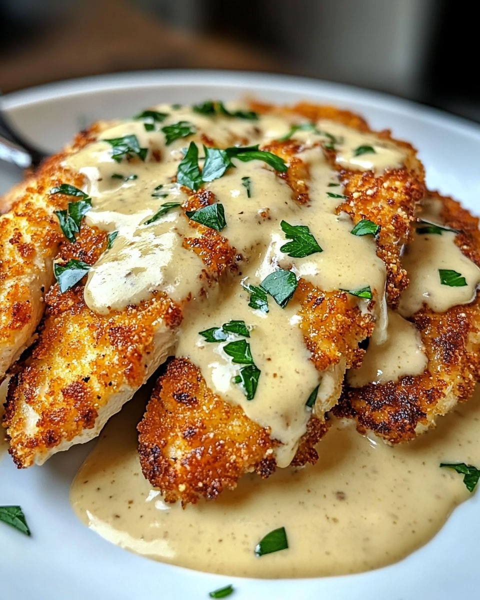 A plate of Parmesan crusted chicken with creamy garlic sauce.