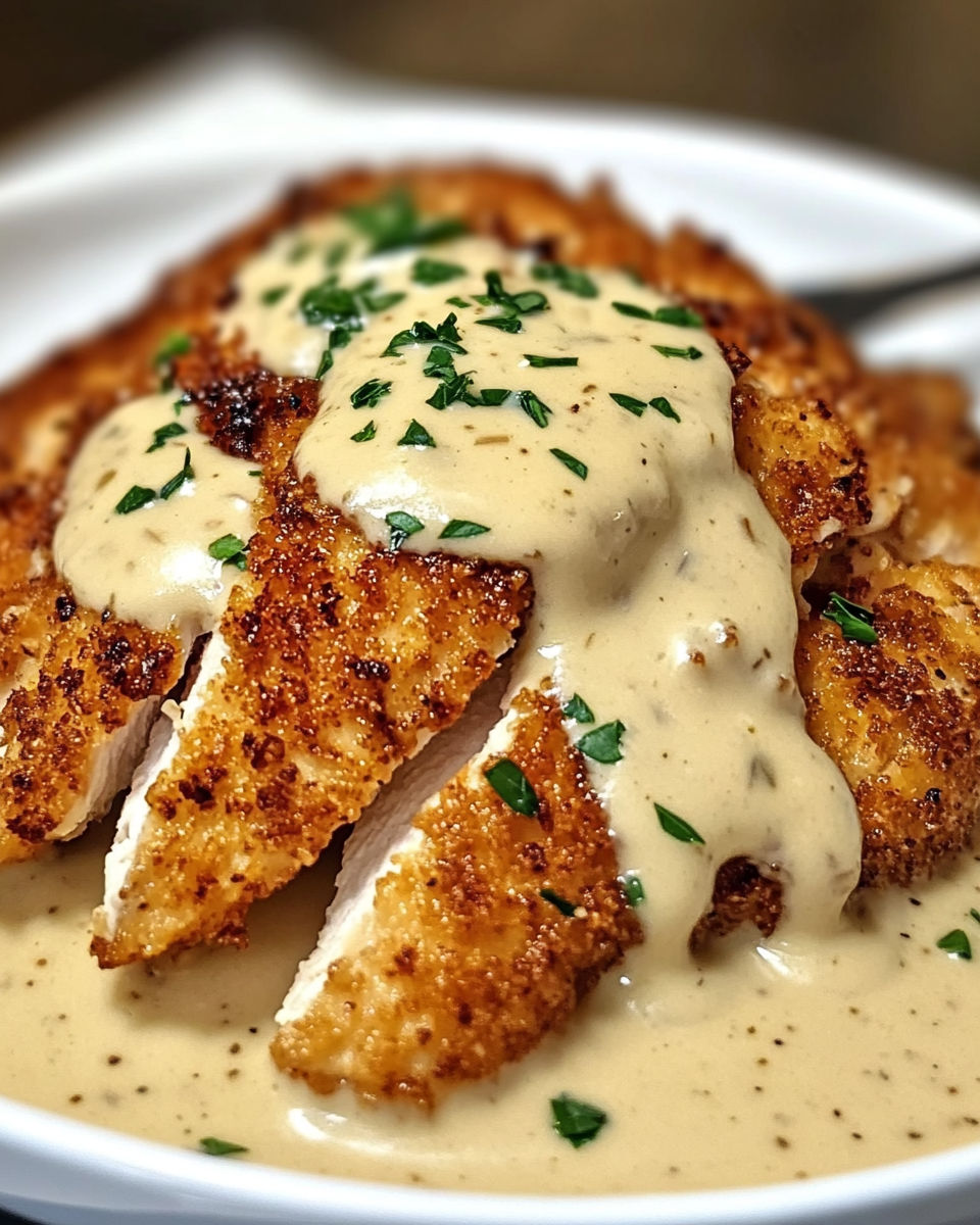 A piece of Parmesan crusted chicken with a creamy garlic sauce.