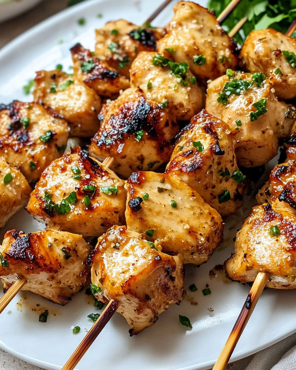 Parmesan chicken skewers on a plate.