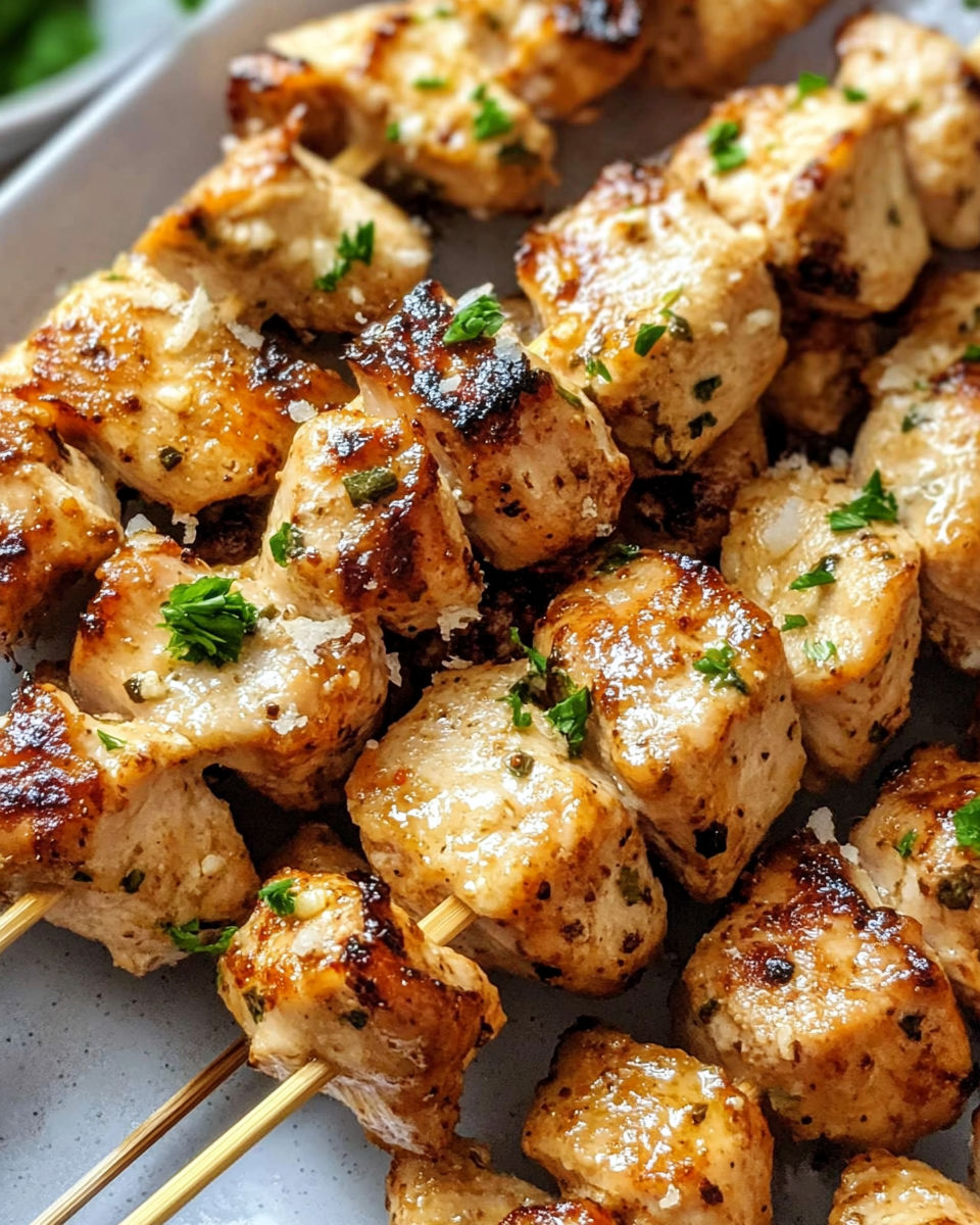 A plate of chicken skewers with green onions.