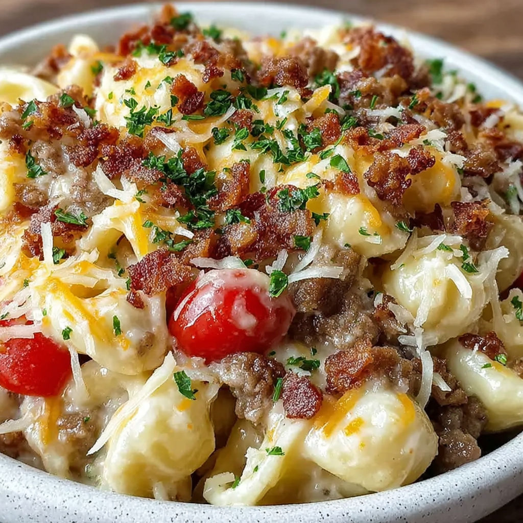 A bowl of food with bacon, cheese, and tomatoes.