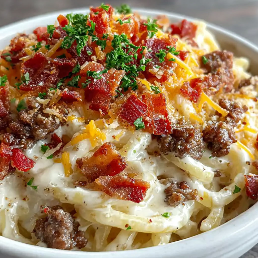 A bowl of pasta with bacon and cheese.