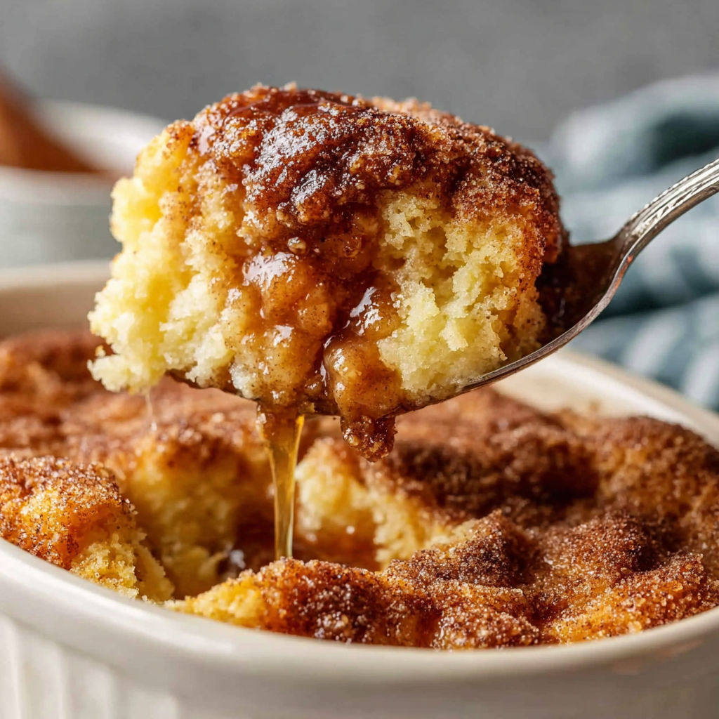 A spoon is in a bowl of cobbler.