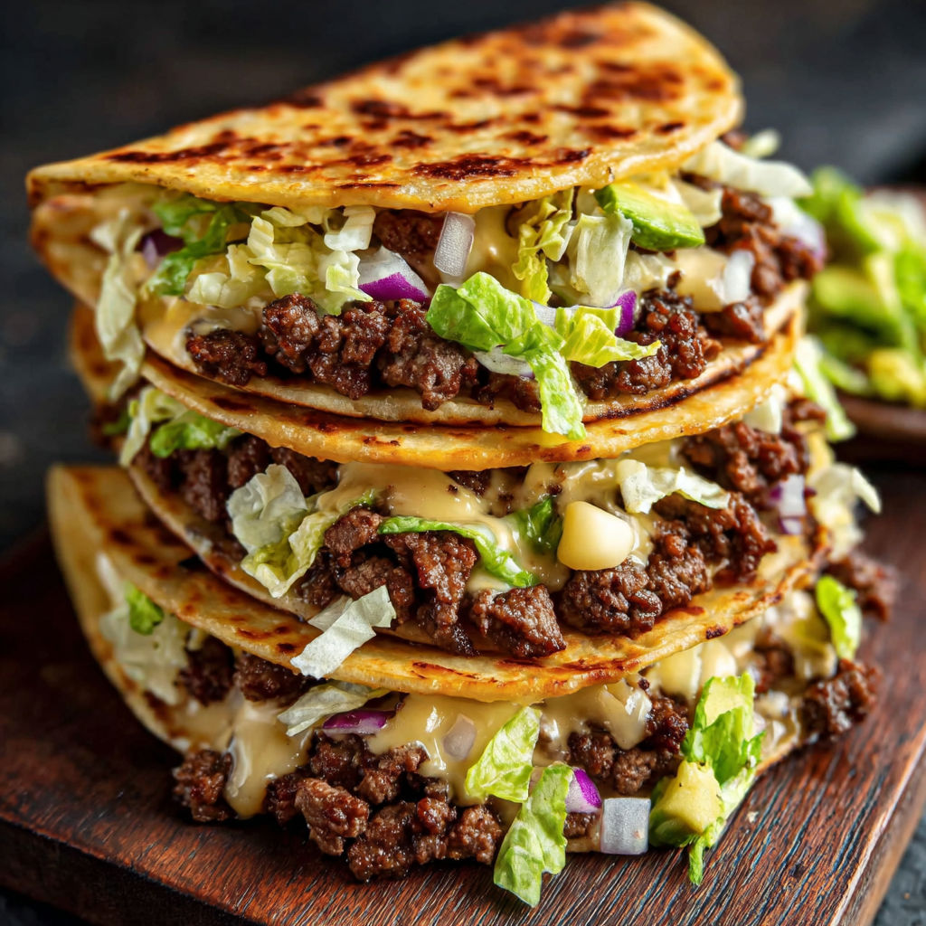A stack of three smash burger tacos.