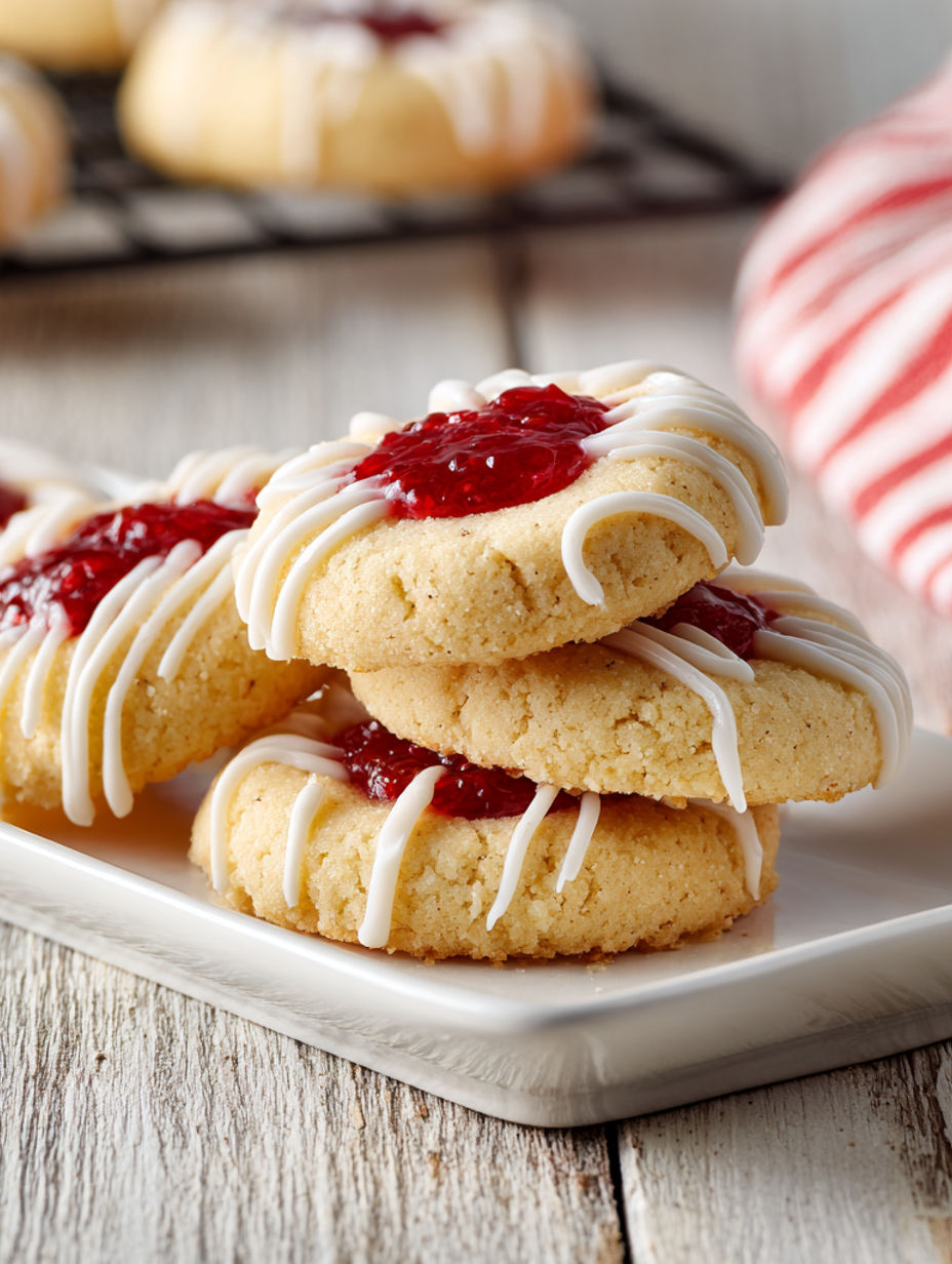 A plate of cookies with white icing and raspberry jam.