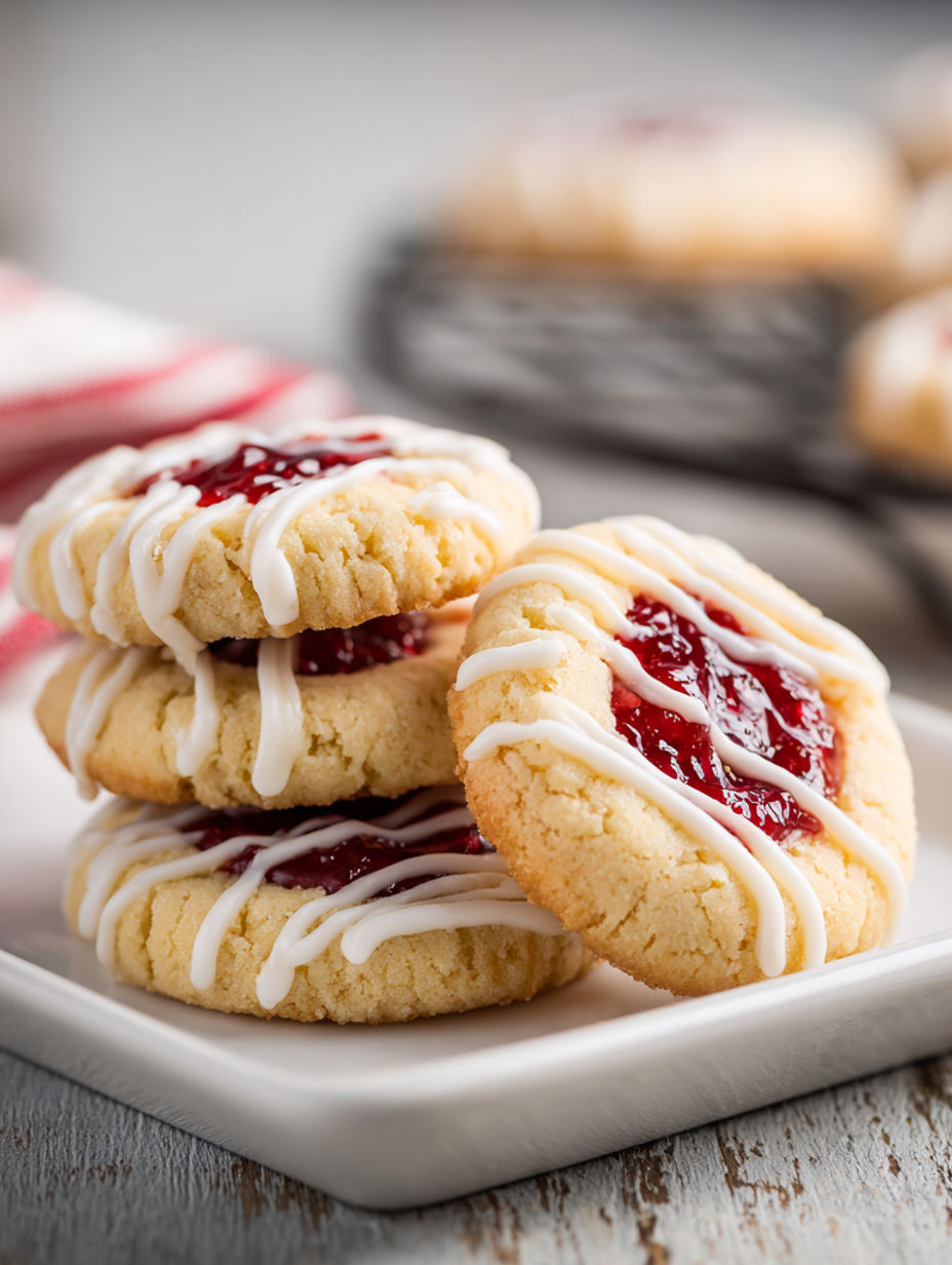A stack of cookies with white icing and jam.