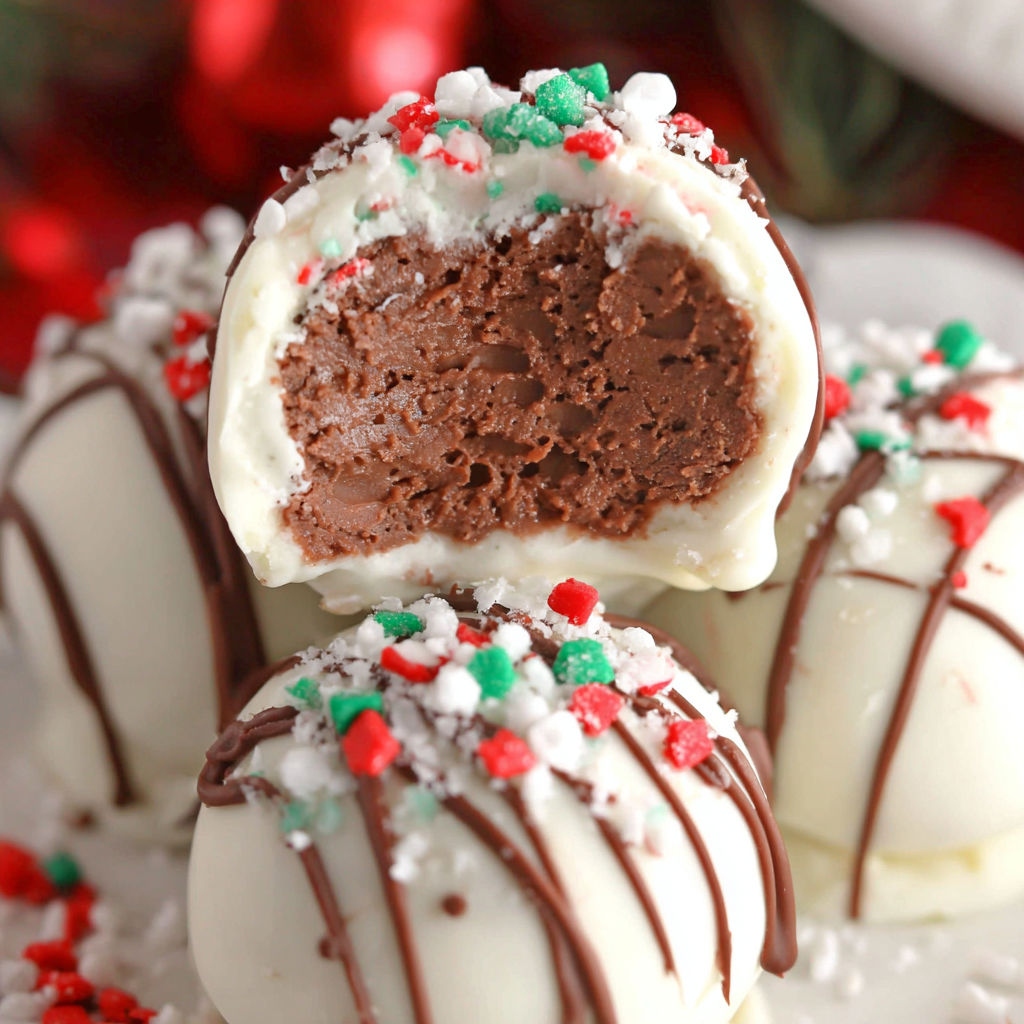 A chocolate covered candy with white and red sprinkles.