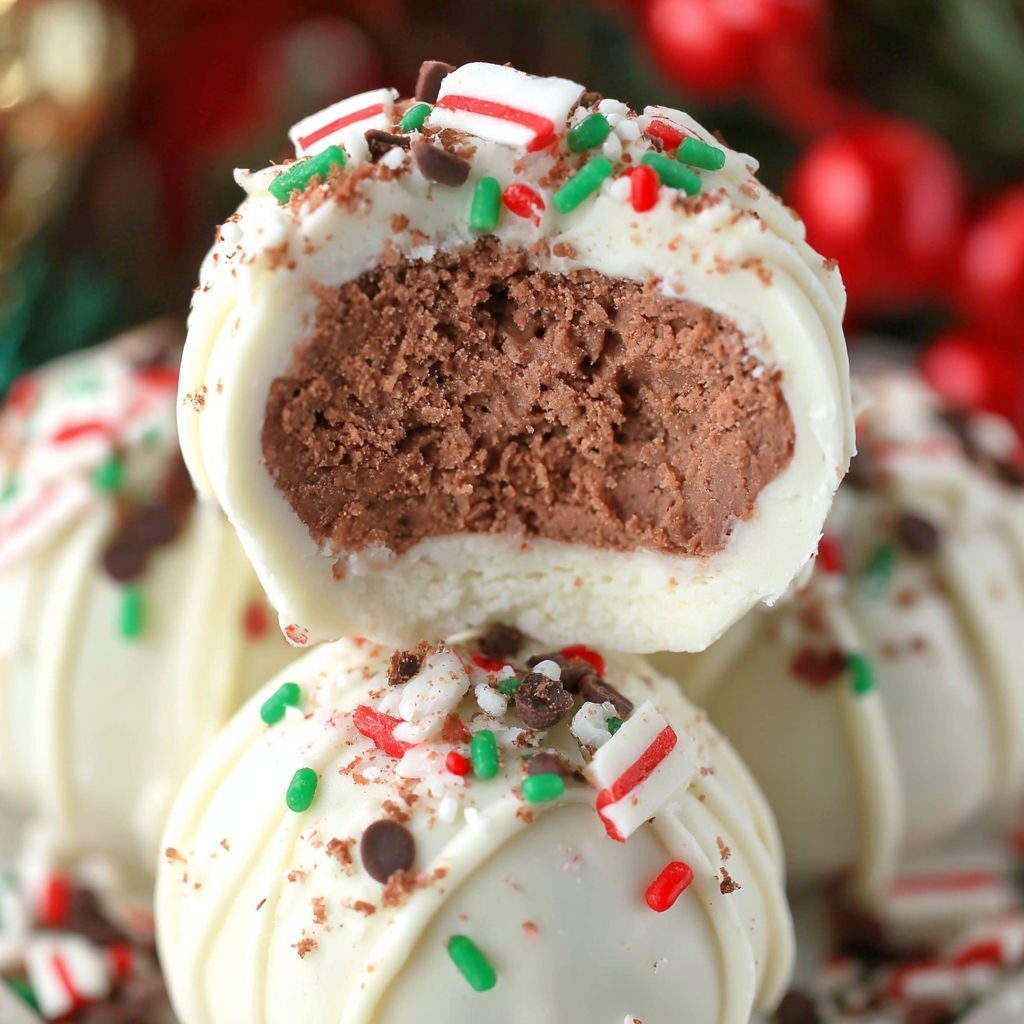 A white candy with red and green stripes.