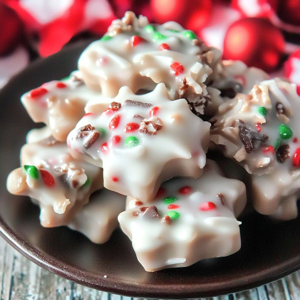 A plate of Christmas candy with green and red sprinkles.