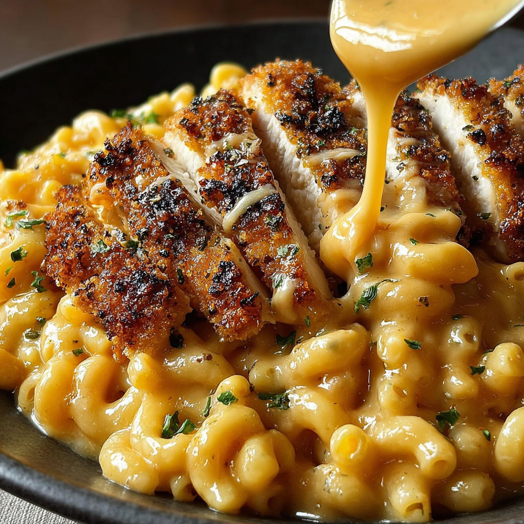 A bowl of creamy honey pepper chicken mac & cheese.