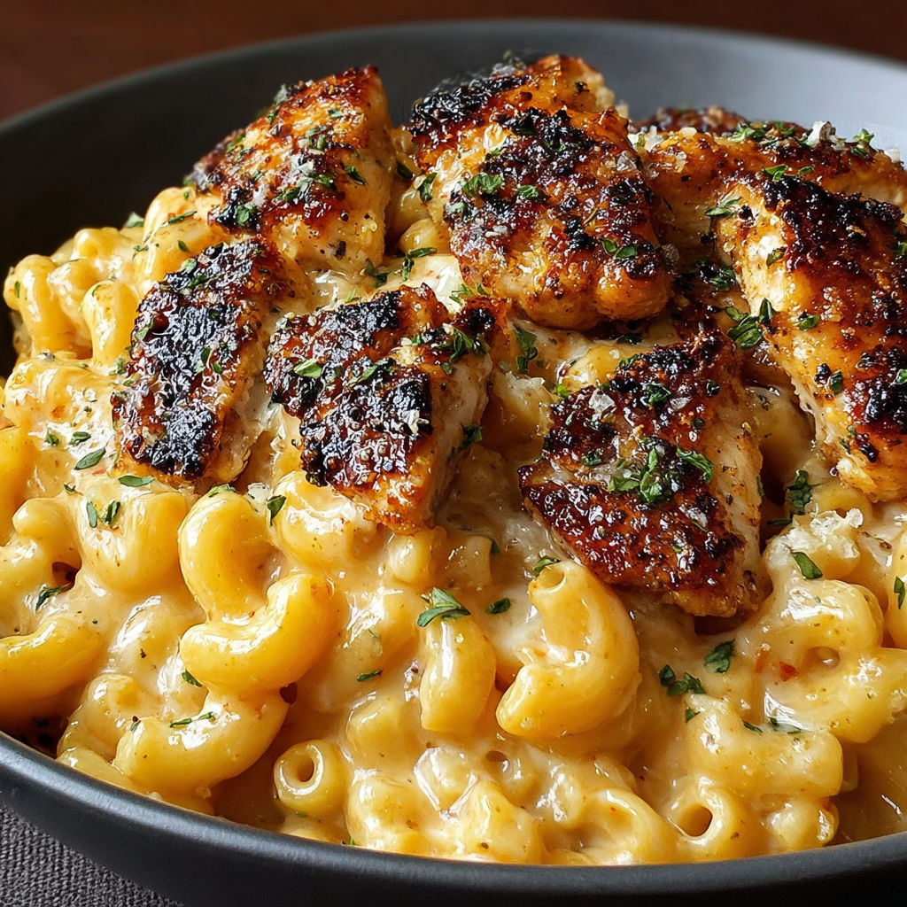 A bowl of creamy honey pepper chicken mac & cheese.