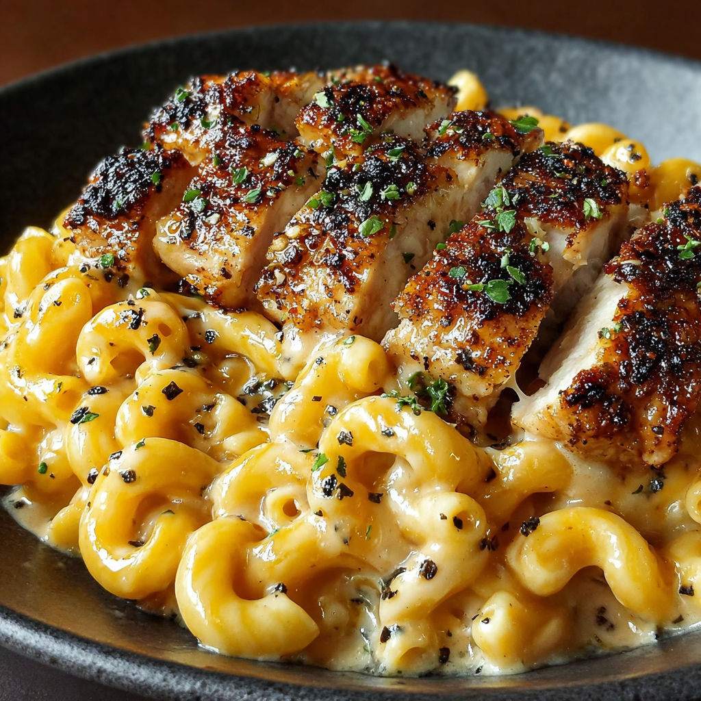 A plate of creamy honey pepper chicken mac & cheese.