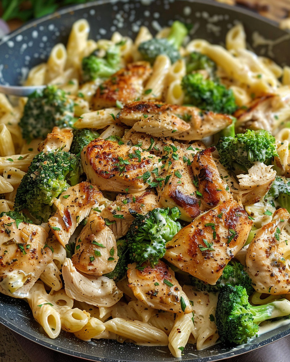 A plate of Cajun chicken and broccoli Alfredo.