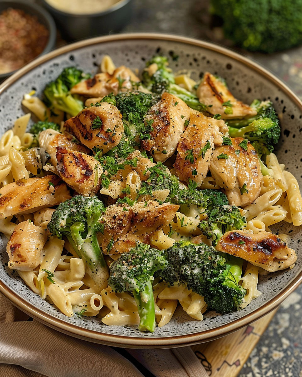 A bowl of pasta with chicken and broccoli.