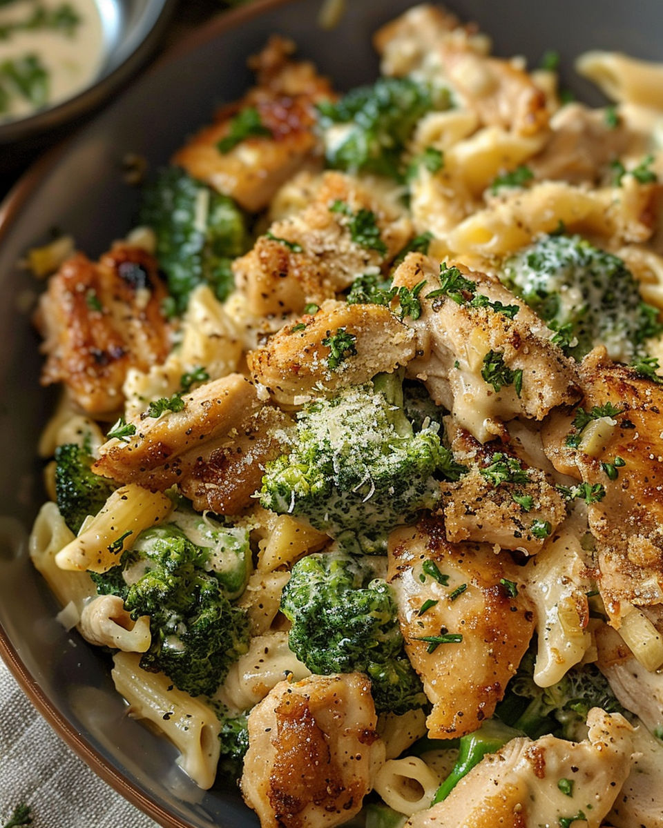 A bowl of pasta with chicken and broccoli.