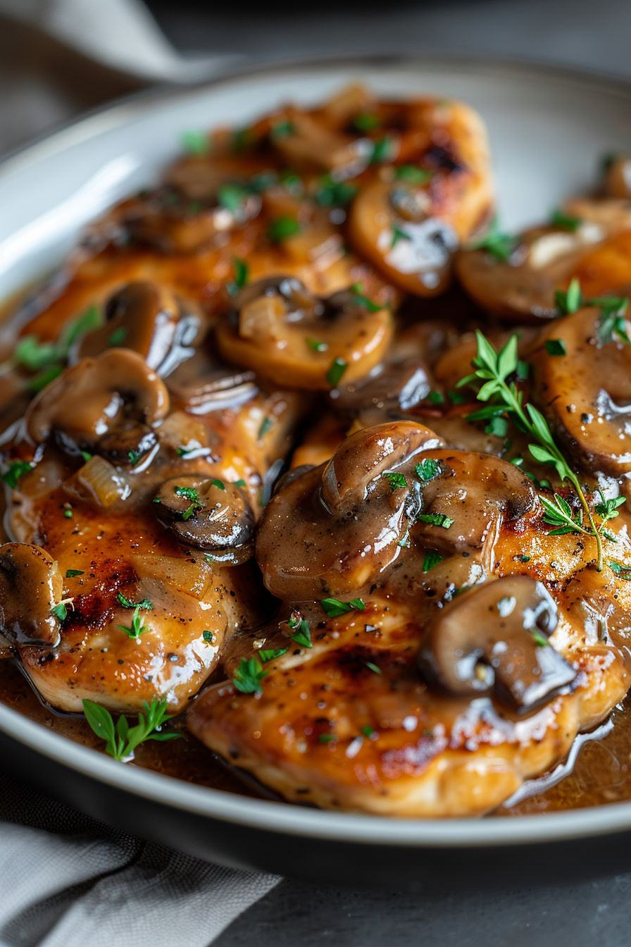 A plate of chicken with mushrooms on top.