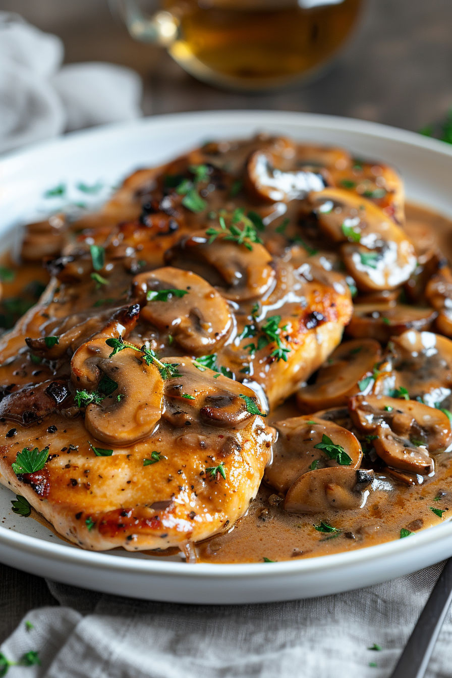 A plate of chicken with mushrooms and sauce.