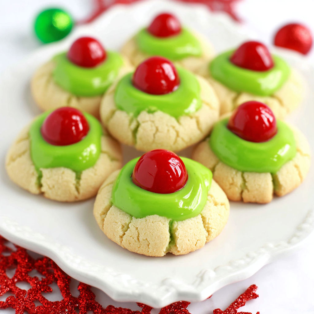 Grinch style thumbprint cookies on a plate.
