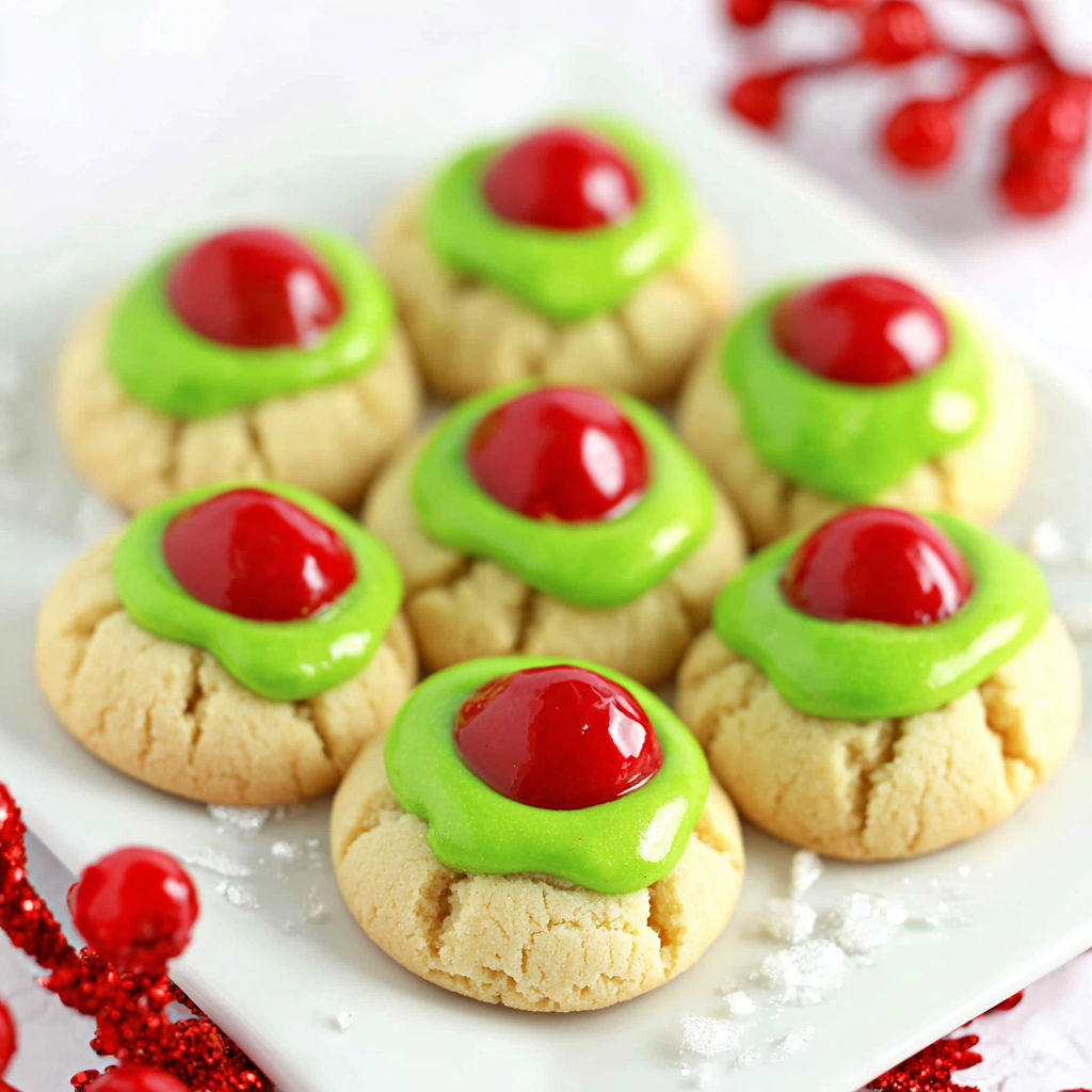 Grinch style thumbprint cookies.
