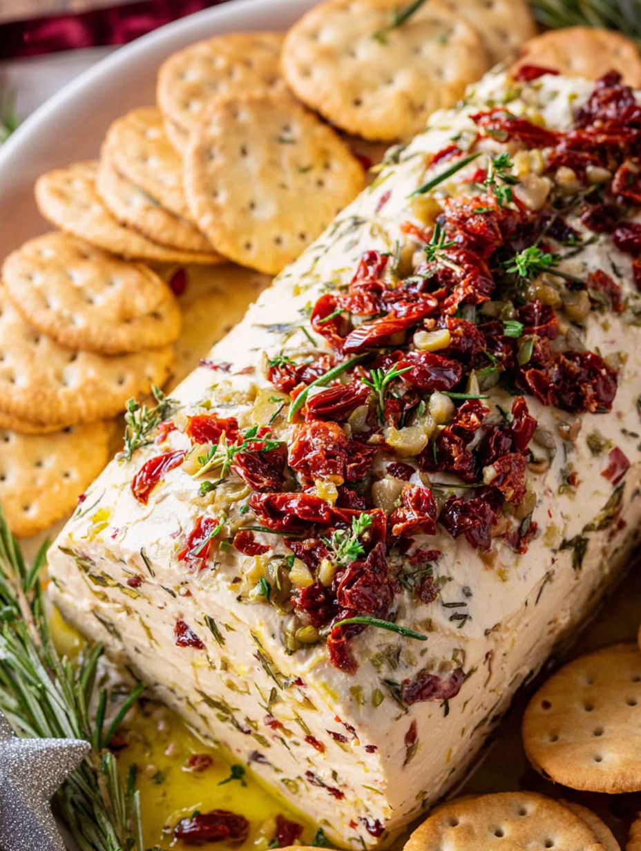 A loaf of Italian cheese is displayed on a table.