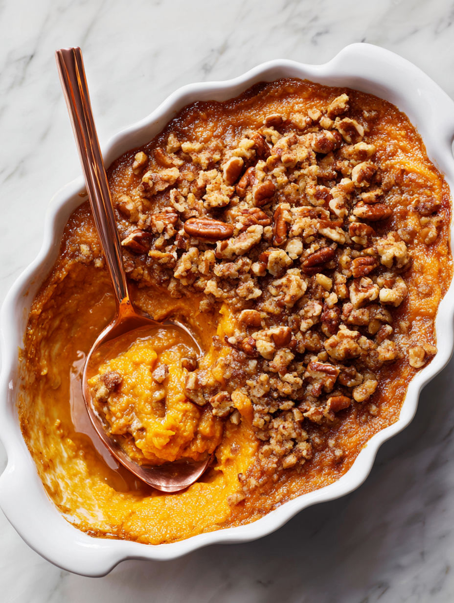 A spoon is in a bowl of sweet potato souffle.
