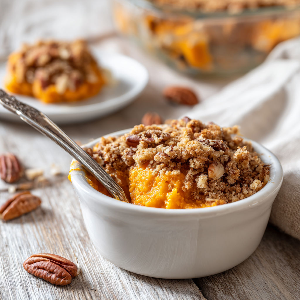 A white bowl filled with a sweet potato dessert.