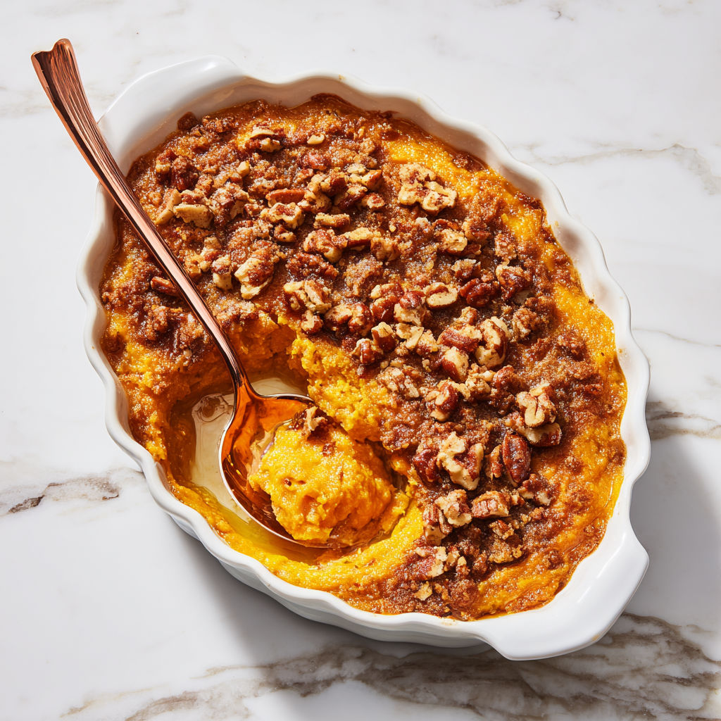 A white bowl filled with a sweet potato dish.