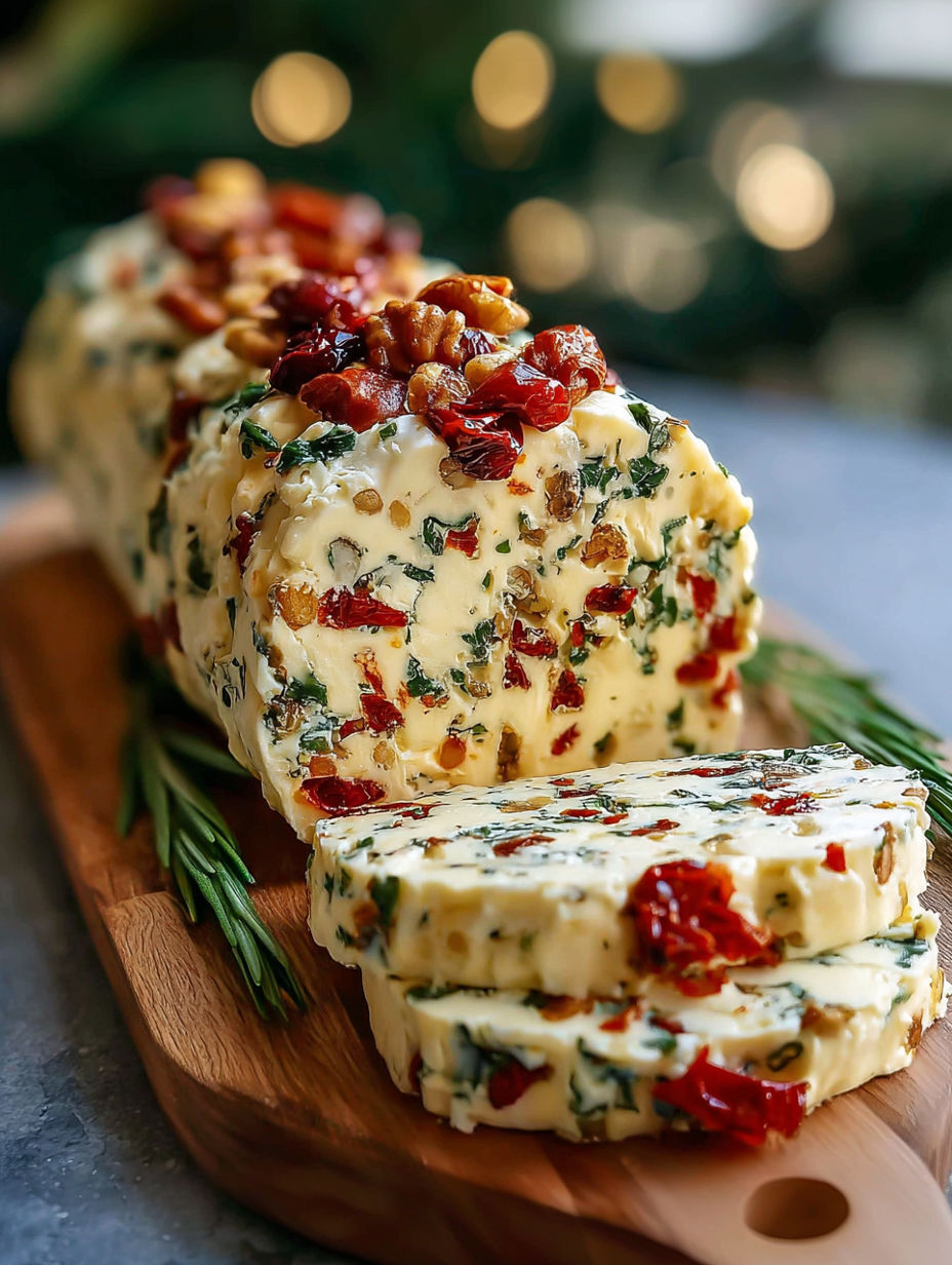 A log of Italian cheese with bacon wrapped around it.