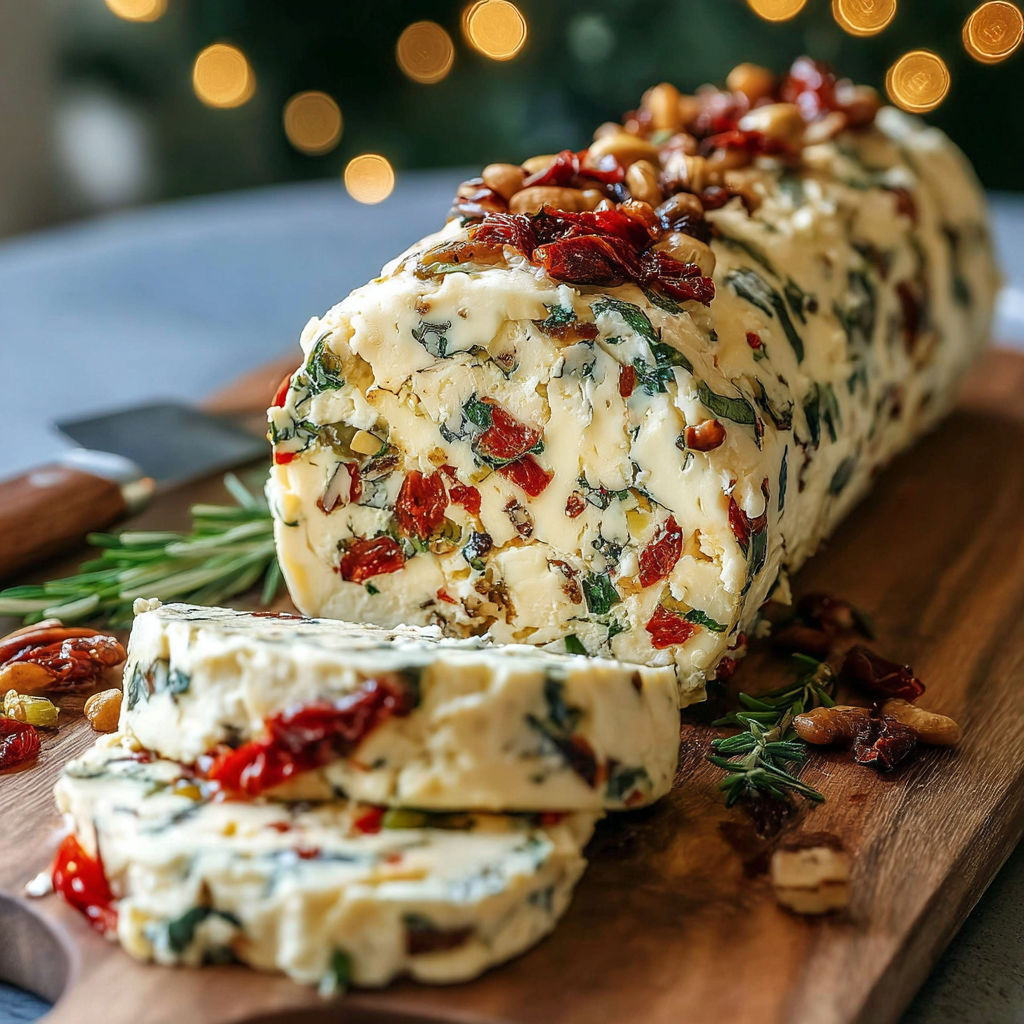 A wooden cutting board with a cheese and nut spread on it.