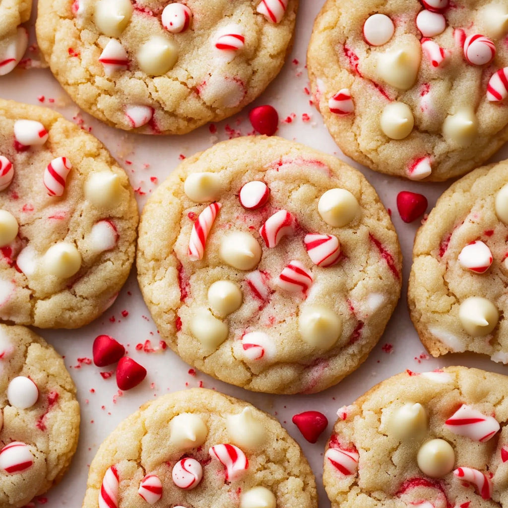 A plate of white chocolate candy cane cookies.