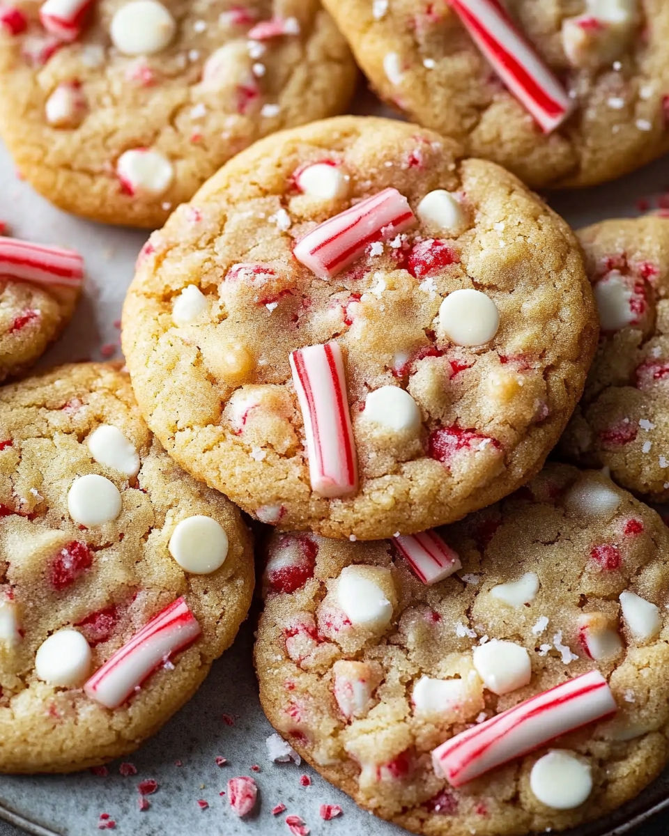 White chocolate candy cane cookies.