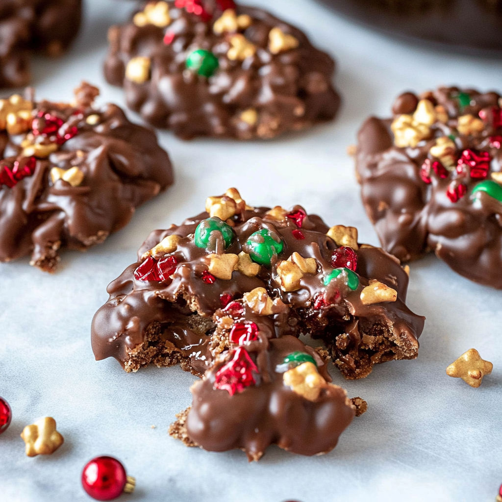 A close up of a chocolate covered cookie with a gold star on top.
