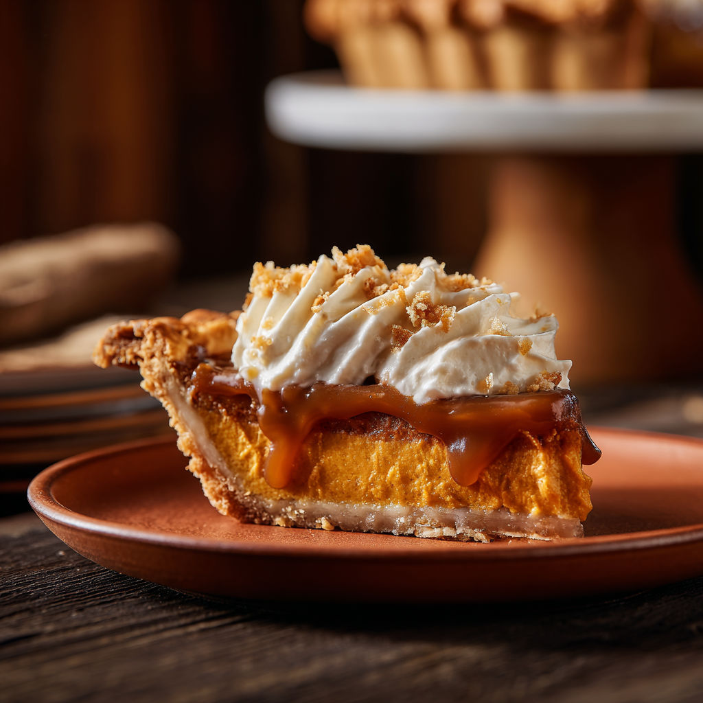 A slice of pumpkin caramel pie on a plate.
