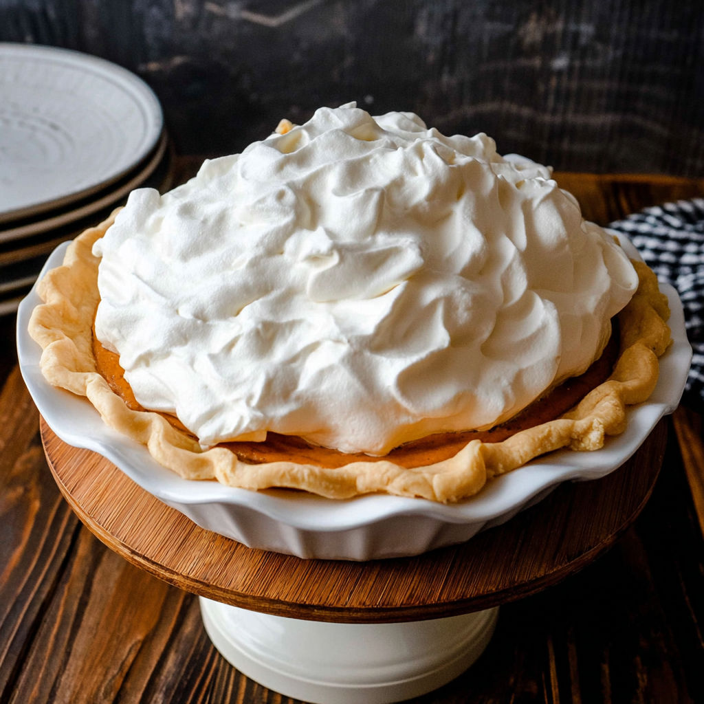 A slice of pumpkin caramel pie with whipped cream on top.
