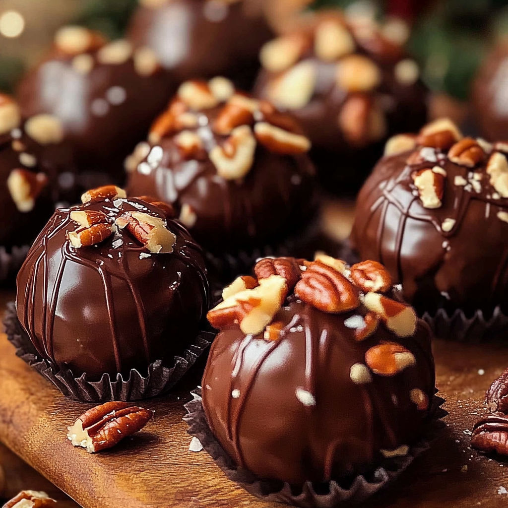 Chocolate balls with nuts on a plate.